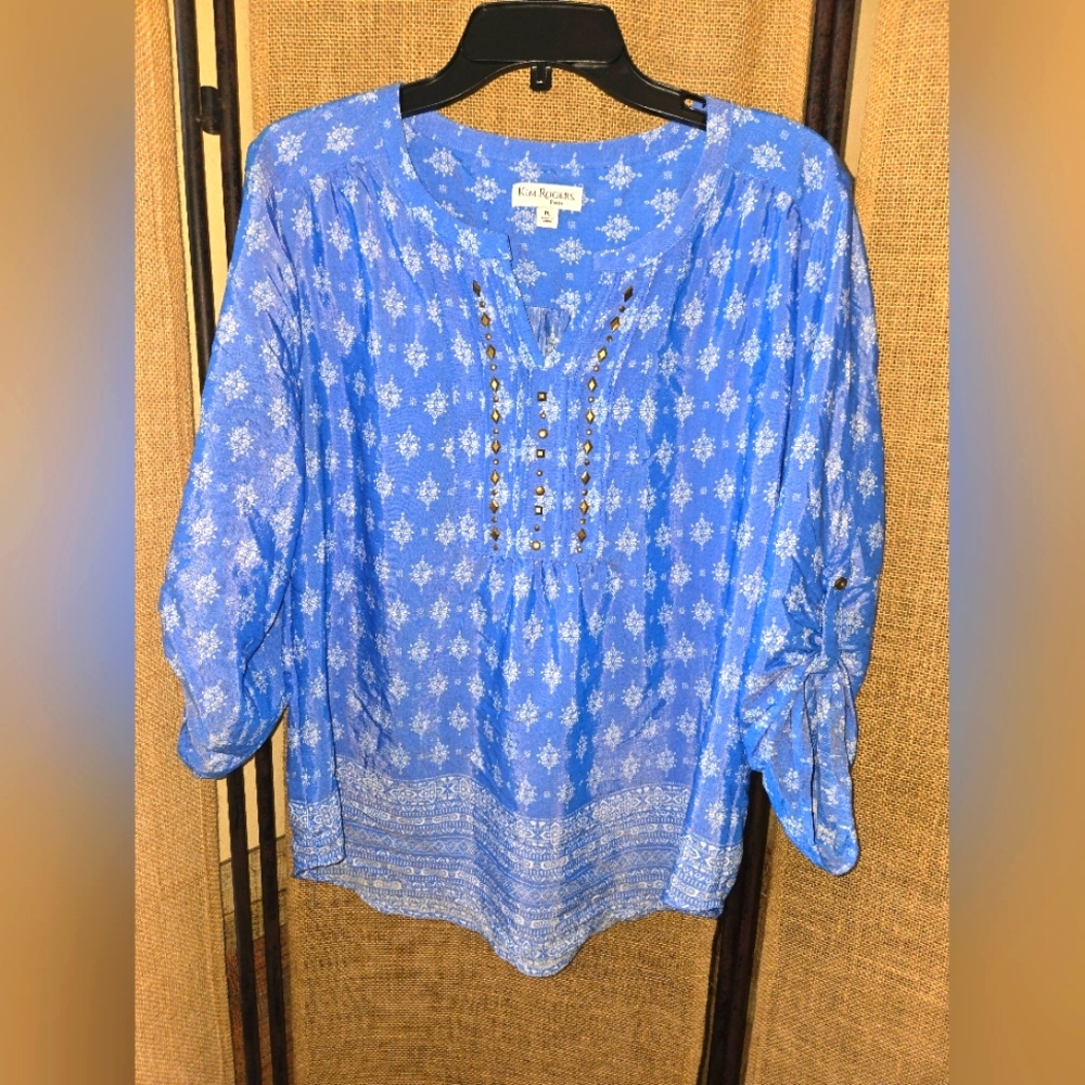 NWOT Women's Kim Rogers Blue White 3/4 Sleeve Relaxed Blouse Size Petite Large - Picture 1 of 8
